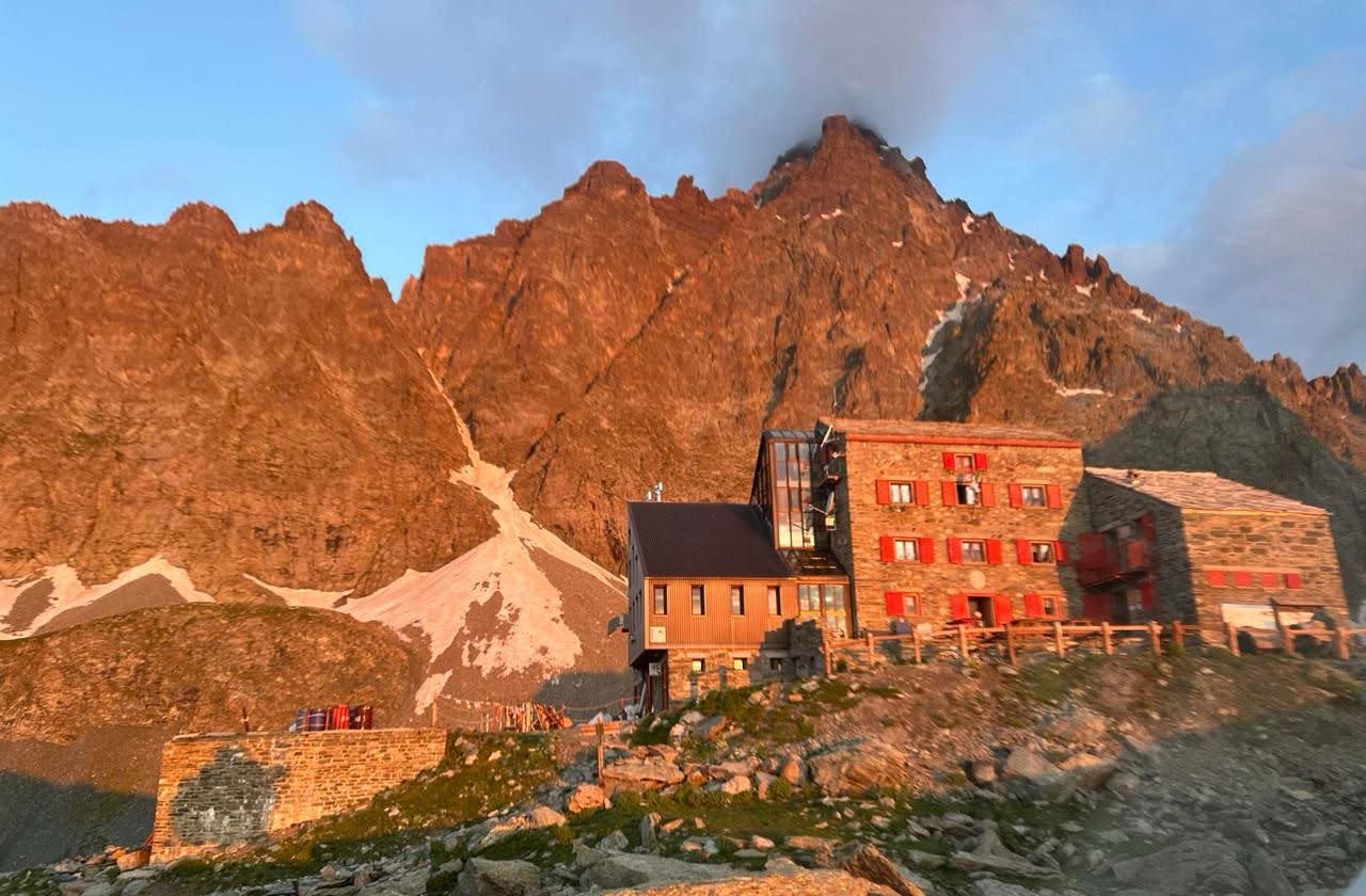 Rifugio Quintino Sella with Monviso at alpenglow